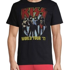 KISS World Tour 77 Black T Shirt Mens Size‎ Large Band Concert Merch